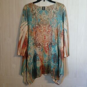 Cal Style Women Size XL Colorful Retro Boho Style Sequin Long Tunic Blouse